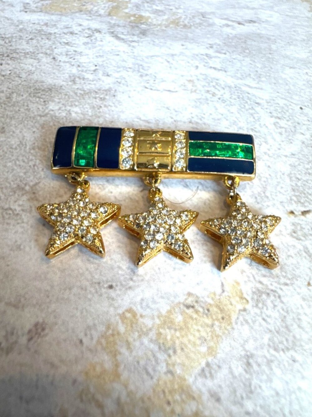 Vintage Carolee Green and Blue Enamel Bar Pin Rhinestone Stars